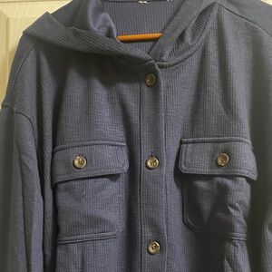 Woman’s L Shacket oversized relaxed  long sleeve hooded button-up  shirt pocket